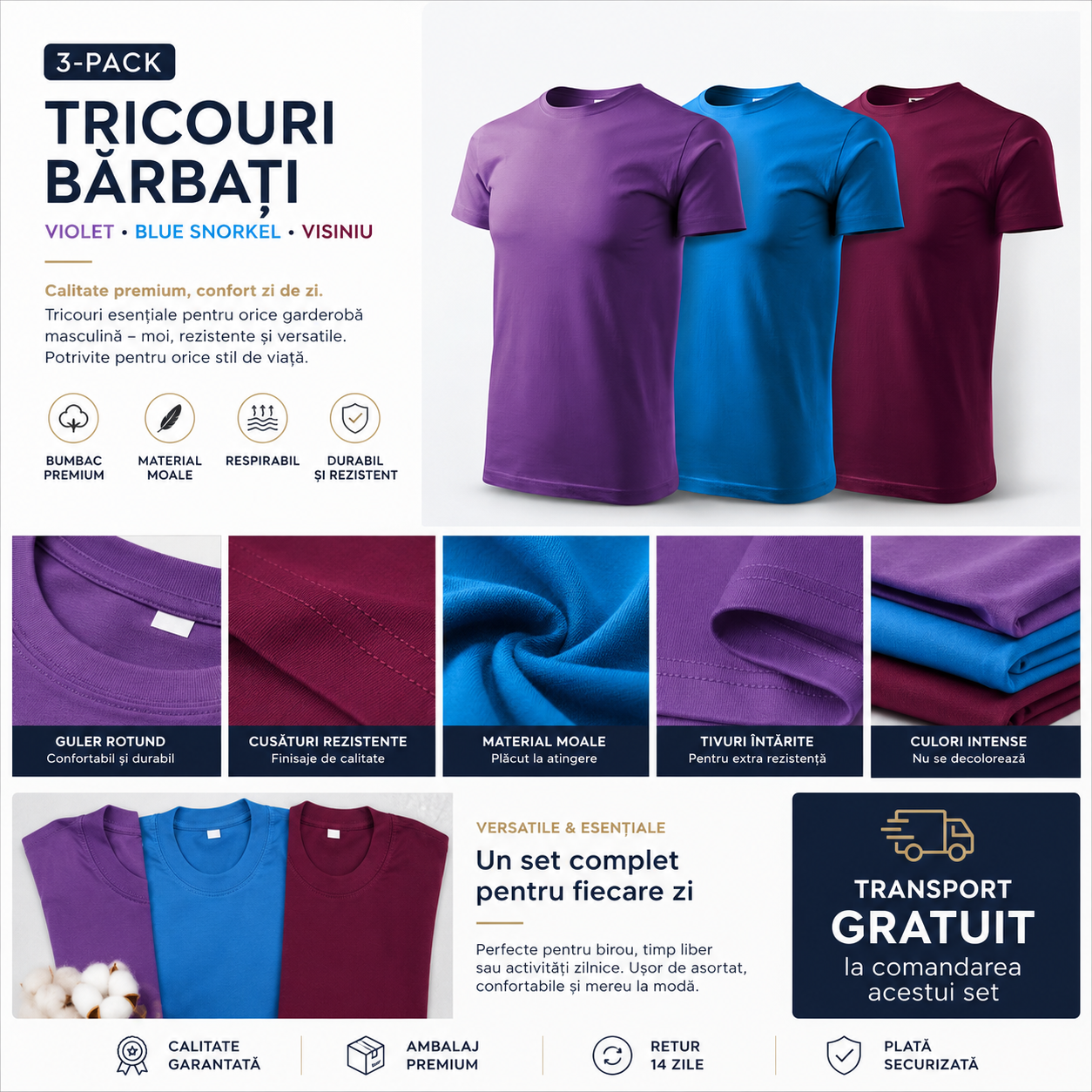 Tricouri bărbați violet blue snorkel și vișiniu din bumbac 100% pentru ținute casual